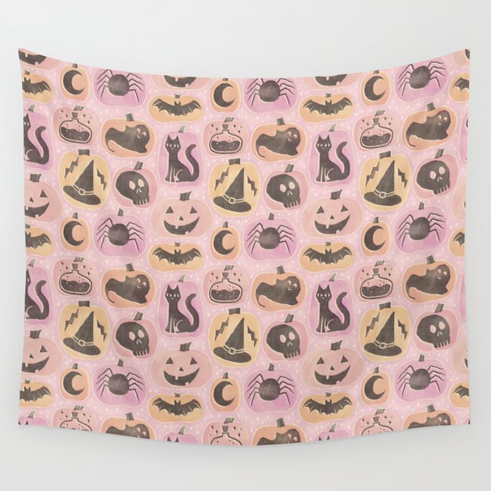 Halloween Pumpkins - vintage pink and black  Wall Tapestry Gallery Image 4
