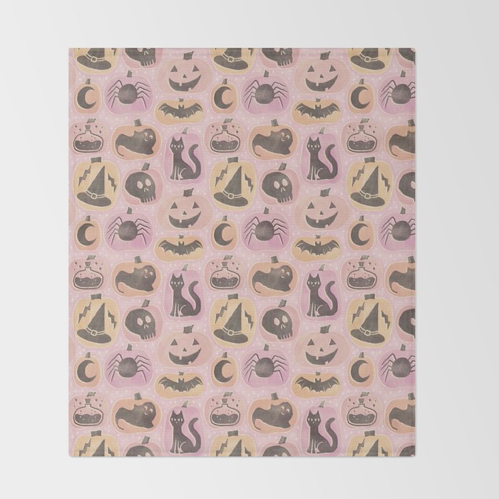 Halloween Pumpkins - vintage pink and black  Throw Blanket Gallery Image 2