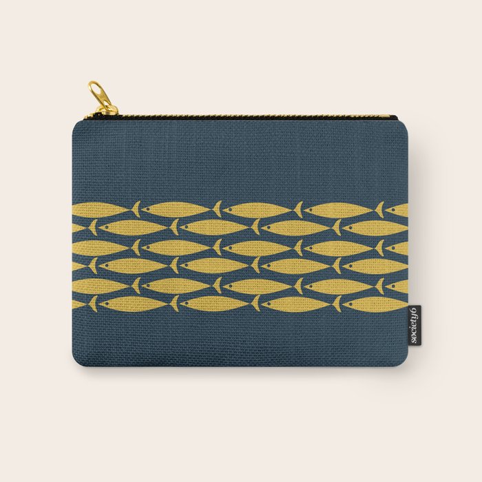 Fish Stripe 6 Minimalist Mid Century Modern Pattern in Light Mustard and Navy Blue Carry All Pouch Gallery Image 1