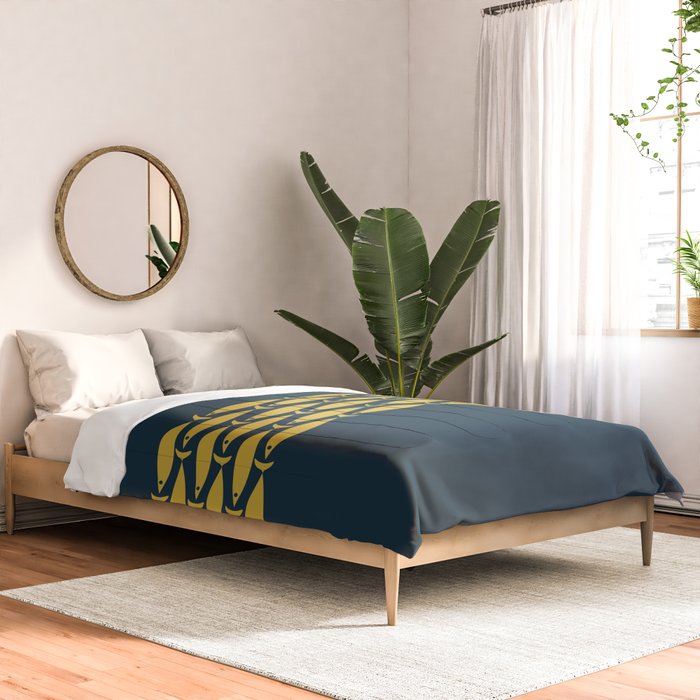 Fish Stripe 6 Minimalist Mid Century Modern Pattern in Light Mustard and Navy Blue Comforter Gallery Image 2
