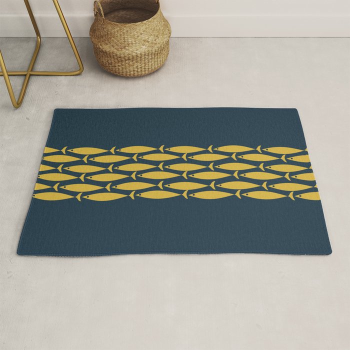 Fish Stripe 6 Minimalist Mid Century Modern Pattern in Light Mustard and Navy Blue Rug Gallery Image 1