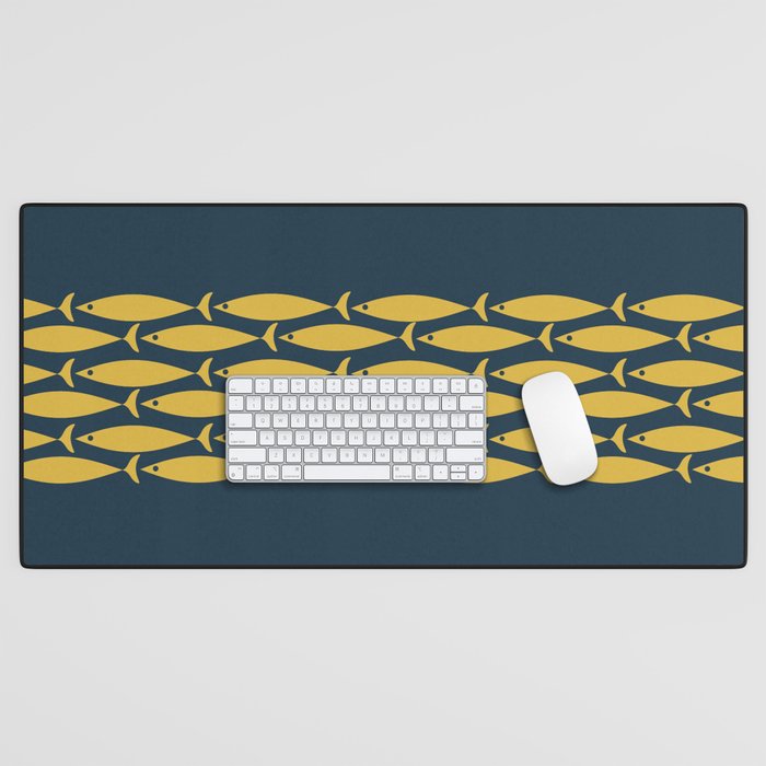 Fish Stripe 6 Minimalist Mid Century Modern Pattern in Light Mustard and Navy Blue Desk Mat Gallery Image 1