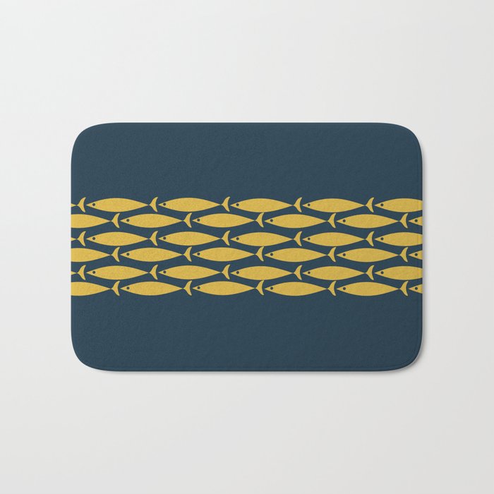 Fish Stripe 6 Minimalist Mid Century Modern Pattern in Light Mustard and Navy Blue Bath Mat Gallery Image 1