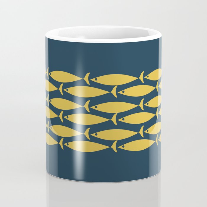 Fish Stripe 6 Minimalist Mid Century Modern Pattern in Light Mustard and Navy Blue Coffee Mug Gallery Image 4