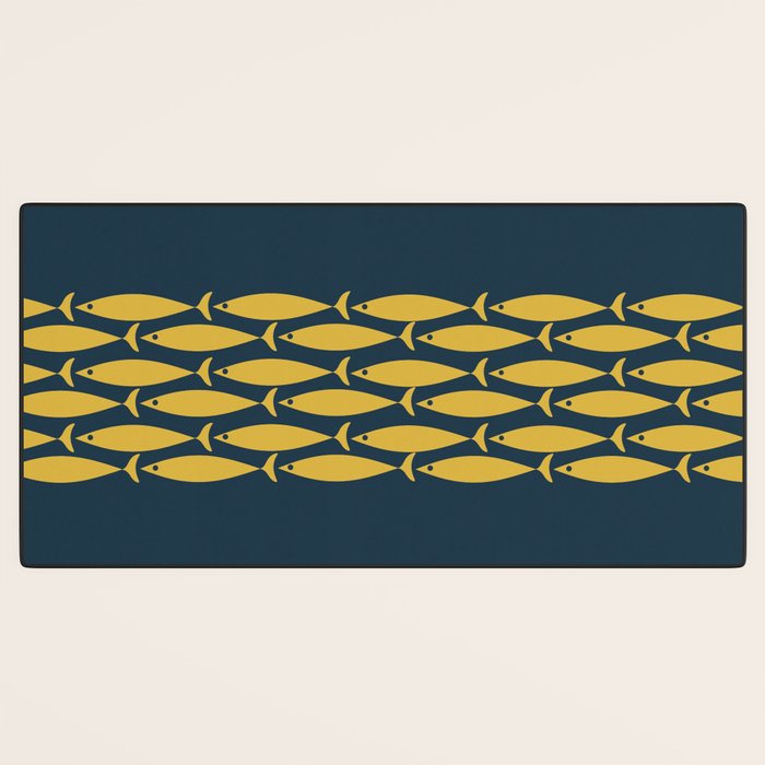 Fish Stripe 6 Minimalist Mid Century Modern Pattern in Light Mustard and Navy Blue Desk Mat Gallery Image 3