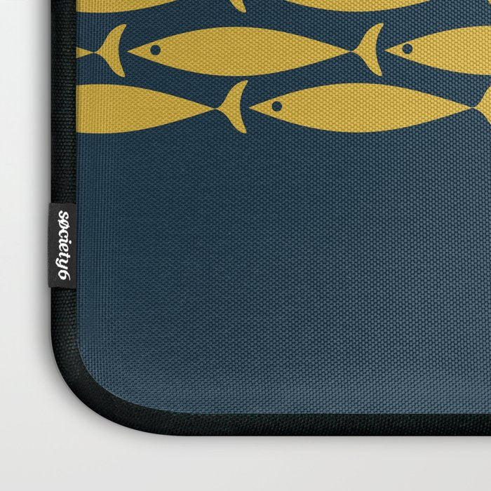 Fish Stripe 6 Minimalist Mid Century Modern Pattern in Light Mustard and Navy Blue Laptop Sleeve Gallery Image 3