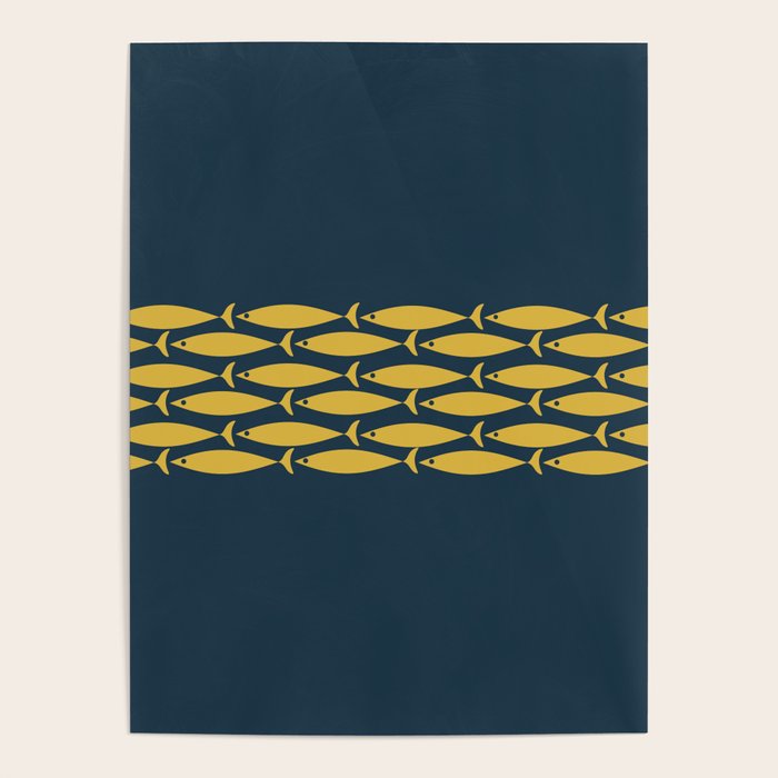 Fish Stripe 6 Minimalist Mid Century Modern Pattern in Light Mustard and Navy Blue Poster Gallery Image 4