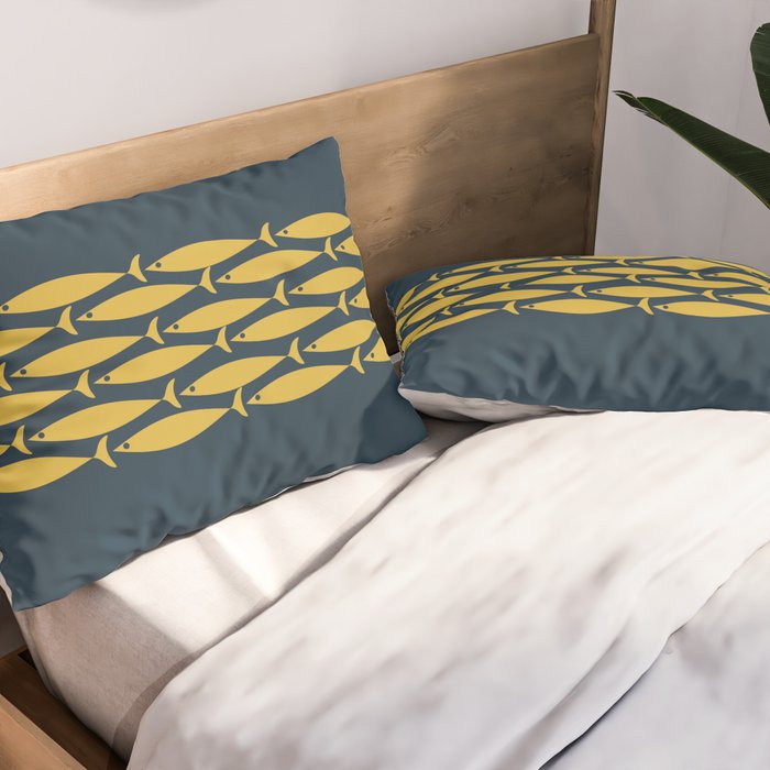 Fish Stripe 6 Minimalist Mid Century Modern Pattern in Light Mustard and Navy Blue Pillow Sham Gallery Image 2