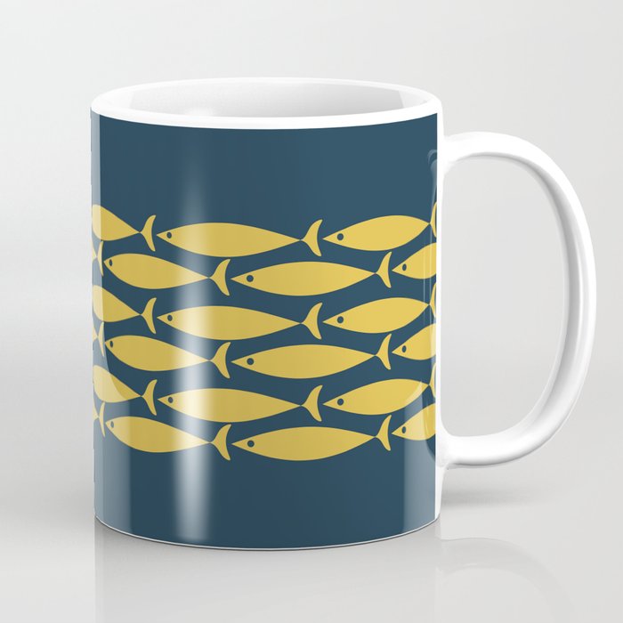 Fish Stripe 6 Minimalist Mid Century Modern Pattern in Light Mustard and Navy Blue Coffee Mug Gallery Image 1