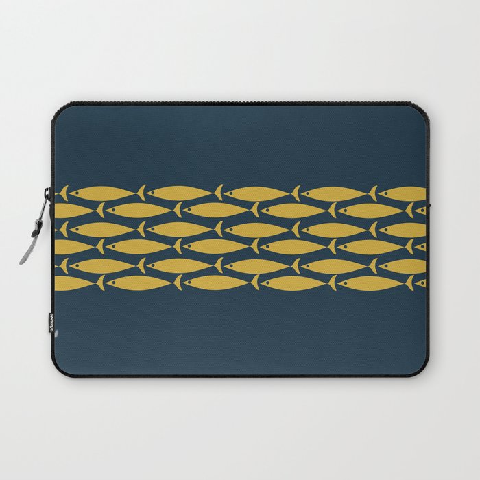 Fish Stripe 6 Minimalist Mid Century Modern Pattern in Light Mustard and Navy Blue Laptop Sleeve Gallery Image 1