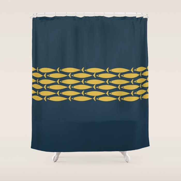 Fish Stripe 6 Minimalist Mid Century Modern Pattern in Light Mustard and Navy Blue Shower Curtain Gallery Image 1