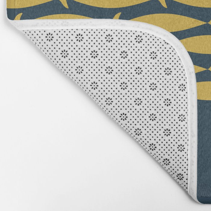 Fish Stripe 6 Minimalist Mid Century Modern Pattern in Light Mustard and Navy Blue Bath Mat Gallery Image 2