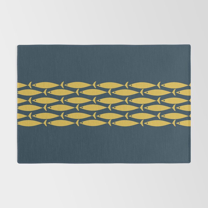 Fish Stripe 6 Minimalist Mid Century Modern Pattern in Light Mustard and Navy Blue Rug Gallery Image 2