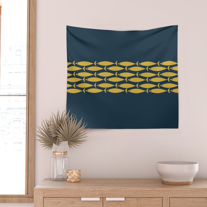 Fish Stripe 6 Minimalist Mid Century Modern Pattern in Light Mustard and Navy Blue Wall Tapestry Gallery Image 2