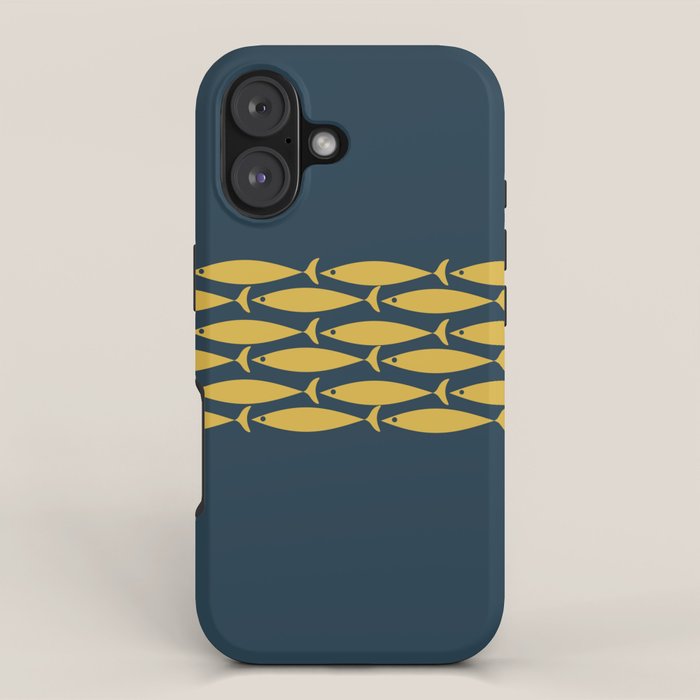 Fish Stripe 6 Minimalist Mid Century Modern Pattern in Light Mustard and Navy Blue iPhone Case Gallery Image 1