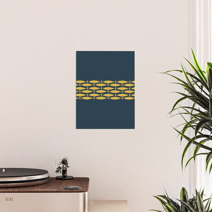 Fish Stripe 6 Minimalist Mid Century Modern Pattern in Light Mustard and Navy Blue Poster Gallery Image 2