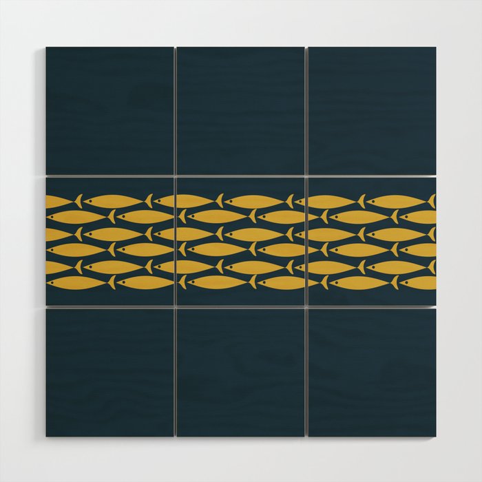 Fish Stripe 6 Minimalist Mid Century Modern Pattern in Light Mustard and Navy Blue Wood Wall Art Gallery Image 1
