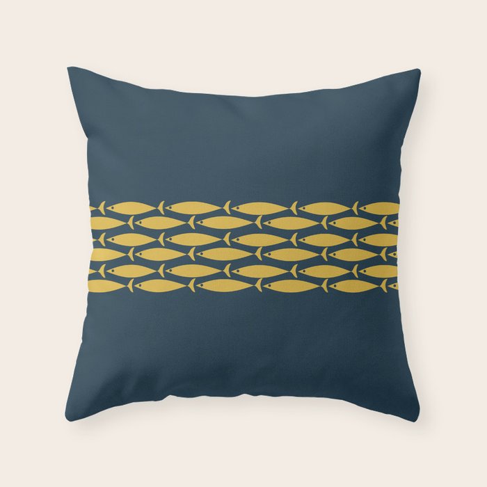 Fish Stripe 6 Minimalist Mid Century Modern Pattern in Light Mustard and Navy Blue Throw Pillow Gallery Image 1