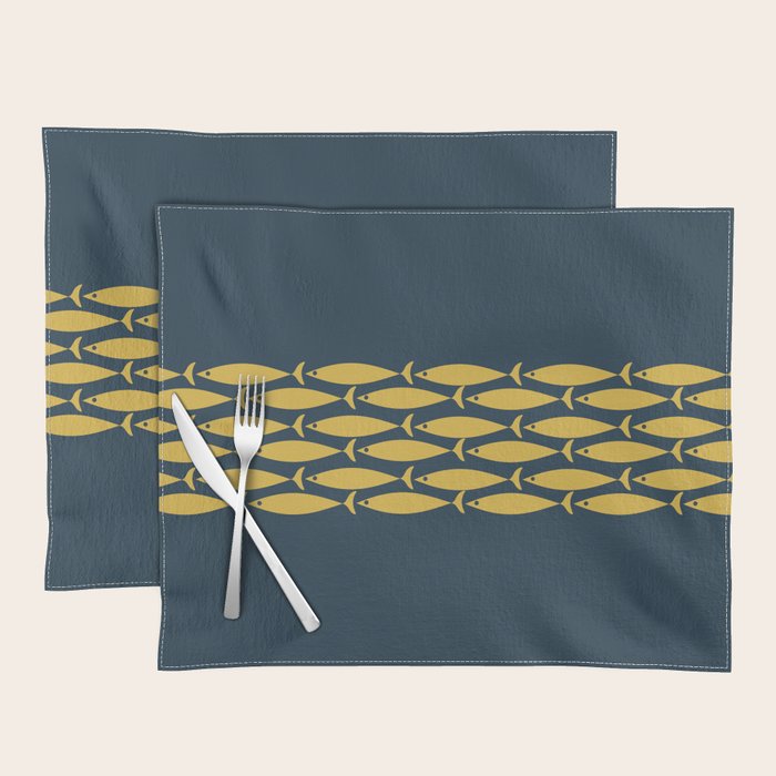 Fish Stripe 6 Minimalist Mid Century Modern Pattern in Light Mustard and Navy Blue Placemat Gallery Image 1