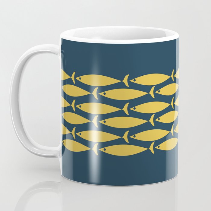 Fish Stripe 6 Minimalist Mid Century Modern Pattern in Light Mustard and Navy Blue Coffee Mug Gallery Image 3