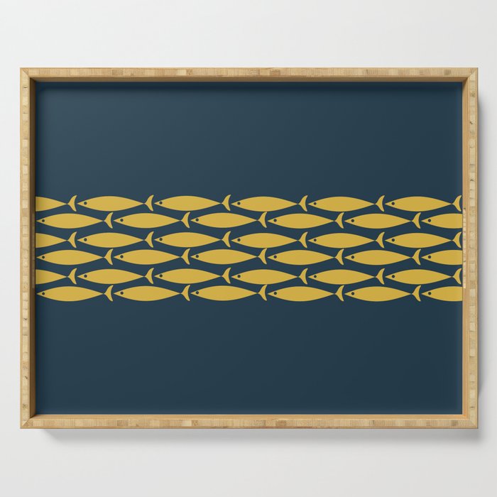 Fish Stripe 6 Minimalist Mid Century Modern Pattern in Light Mustard and Navy Blue Serving Tray Gallery Image 1
