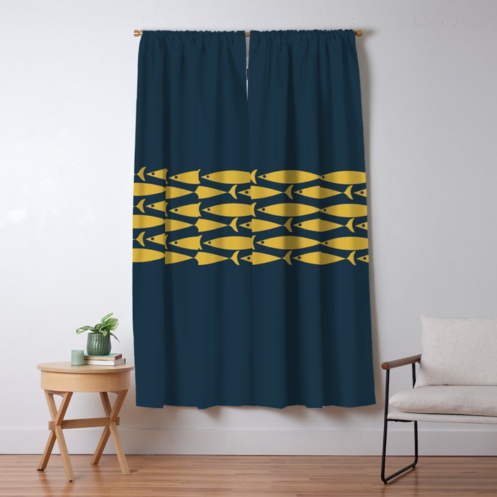 Fish Stripe 6 Minimalist Mid Century Modern Pattern in Light Mustard and Navy Blue Window Curtain Gallery Image 1
