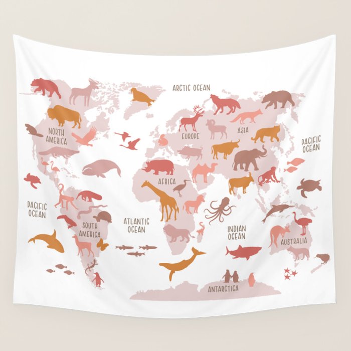 Kids animal world map in shades of pink, blush, rose. Minimalist Scandinavian style Wall Tapestry Gallery Image 1