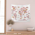 Kids animal world map in shades of pink, blush, rose. Minimalist Scandinavian style Wall Tapestry Gallery Image 2