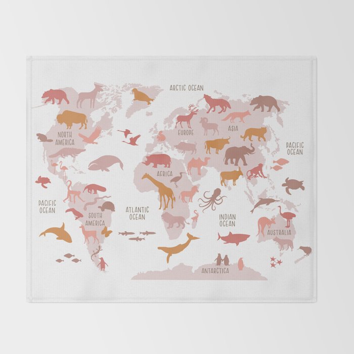Kids animal world map in shades of pink, blush, rose. Minimalist Scandinavian style Throw Blanket Gallery Image 2