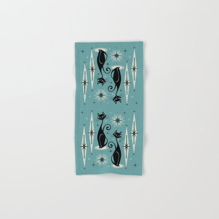 Mid Century Meow Retro Atomic Cats on Blue Hand & Bath Towel Gallery Image 1
