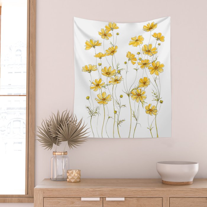 Yellow Cosmos Flowers Wall Tapestry Gallery Image 2