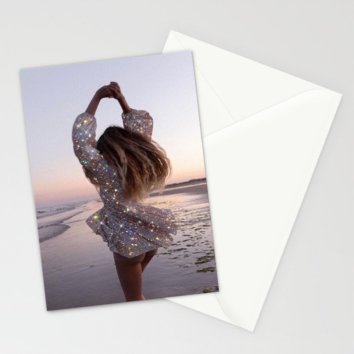 DANCING ON THE BEACH | dance | sunset | summer | dress | glitter | bling |  collage | vibe | happy  Stationery Card Gallery Image 2