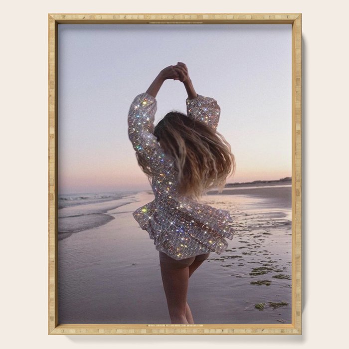 DANCING ON THE BEACH | dance | sunset | summer | dress | glitter | bling |  collage | vibe | happy  Serving Tray Gallery Image 1