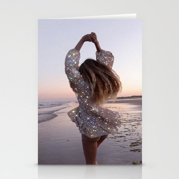 DANCING ON THE BEACH | dance | sunset | summer | dress | glitter | bling |  collage | vibe | happy  Stationery Card Gallery Image 1