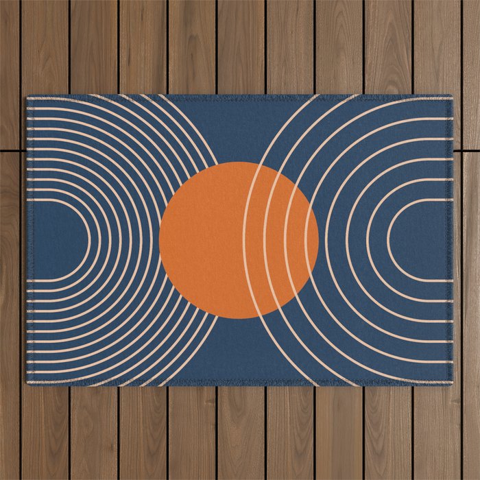 Geometric Lines in Orange and Navy Blue 2 (Sun and Rainbow Abstract) Outdoor Rug Gallery Image 1