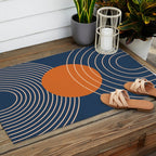 Geometric Lines in Orange and Navy Blue 2 (Sun and Rainbow Abstract) Outdoor Rug Gallery Image 2