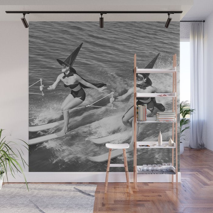 Water witches water skiing hilarious funny humorous black and white vintage photograph Wall Mural Gallery Image 1