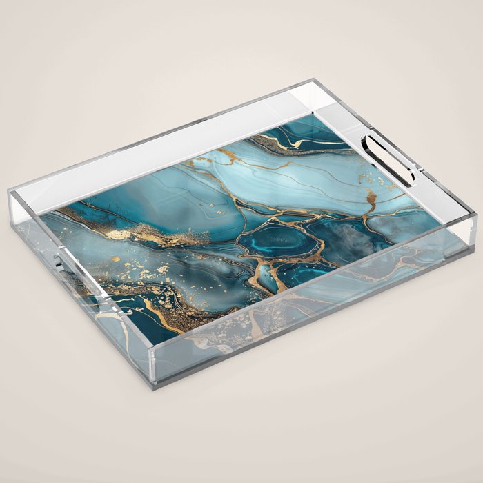 Magnific Marble Glam Teal Gold Luxury Acrylic Tray Gallery Image 1