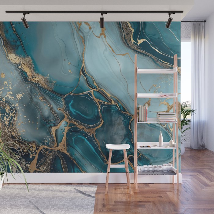 Magnific Marble Glam Teal Gold Luxury Wall Mural Gallery Image 1