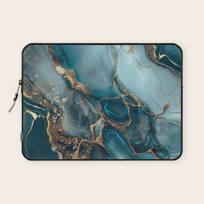 Magnific Marble Glam Teal Gold Luxury Laptop Sleeve Gallery Image 1