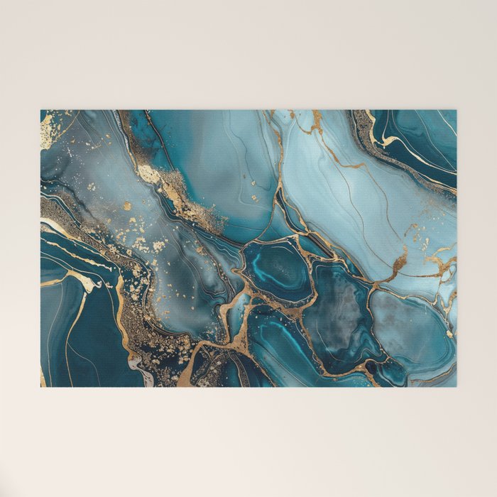 Magnific Marble Glam Teal Gold Luxury Welcome Mat Gallery Image 1