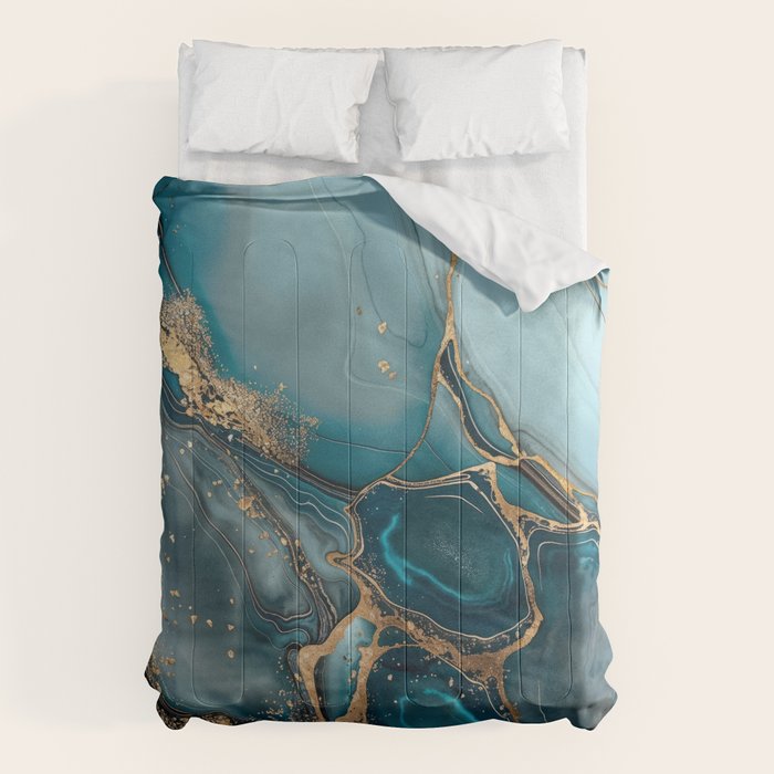 Magnific Marble Glam Teal Gold Luxury Comforter Gallery Image 1