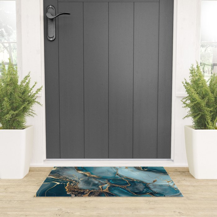 Magnific Marble Glam Teal Gold Luxury Welcome Mat Gallery Image 3
