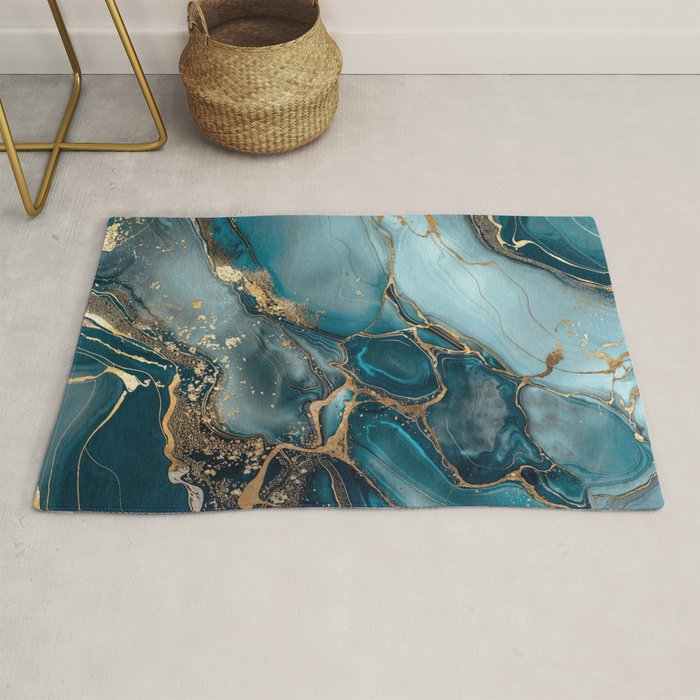 Magnific Marble Glam Teal Gold Luxury Rug Gallery Image 1