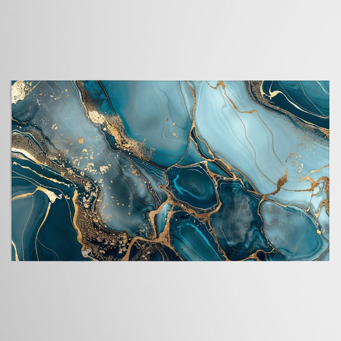 Magnific Marble Glam Teal Gold Luxury Tablecloth Gallery Image 2