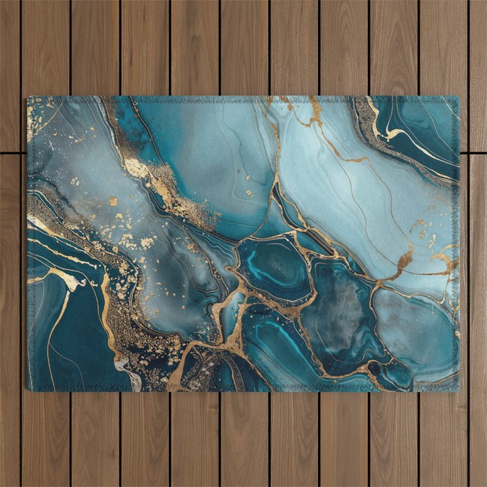 Magnific Marble Glam Teal Gold Luxury Outdoor Rug Gallery Image 1
