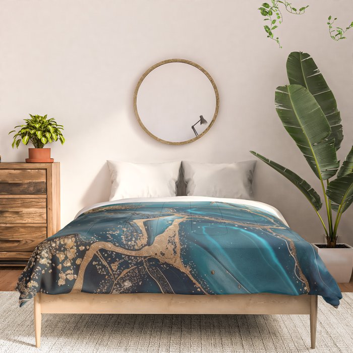 Magnific Marble Glam Teal Gold Luxury Comforter Gallery Image 3