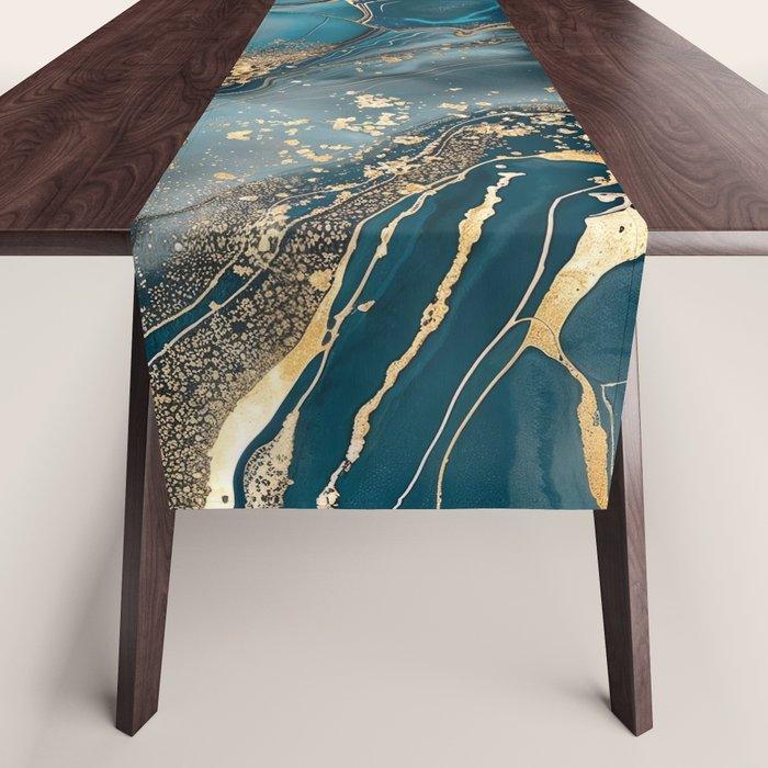 Magnific Marble Glam Teal Gold Luxury Table Runner Gallery Image 1