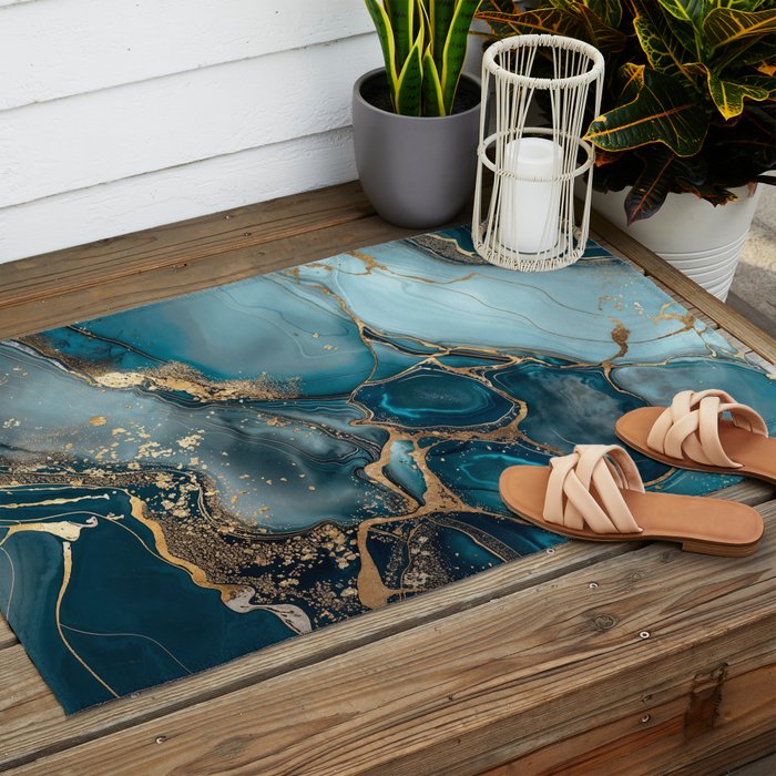 Magnific Marble Glam Teal Gold Luxury Outdoor Rug Gallery Image 2