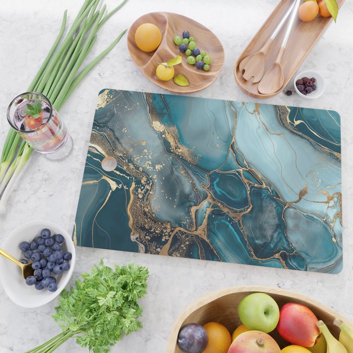 Magnific Marble Glam Teal Gold Luxury Cutting Board Gallery Image 2